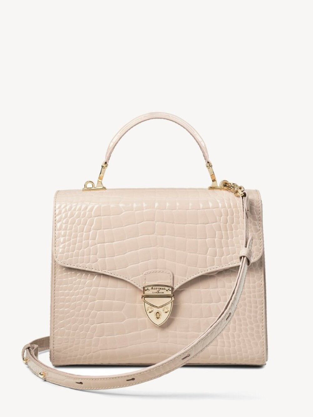 Aspinal of London Mayfair Large Bag Handbag Soft Taupe Patent Croc Beige WOO OWO